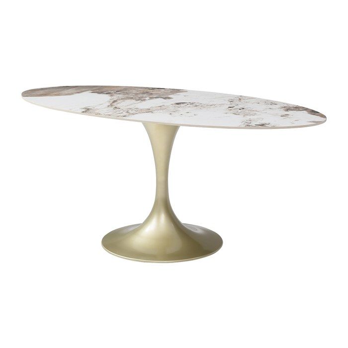 Table à manger 8 personnes en céramique et métal doré - Effet marbre blanc et gris - ELVA de Maison Céphy