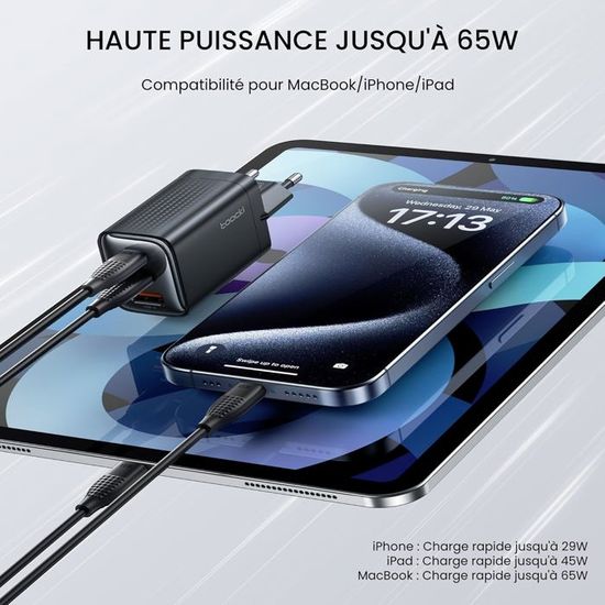 Chargeur USB C 65W Avec Technologie PD3.0 Et GaN II Chargeur Rapide USB C PPS Avec Câble Type C 2M Compatible Pour IPhone 15 Pro/Max, Pour Galaxy S24/23/S22, Pour MacBook Pro/Air, Etc