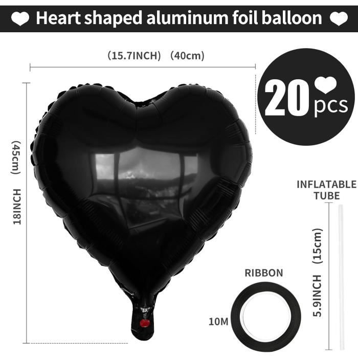 Ballon Coeur Noir 20 Pièces Taille 45 Cm