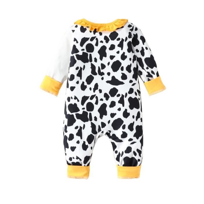 Barboteuse Bébé Imprimé Vache - Manches Longues Pieds - Coton Doux 0-12 Mois