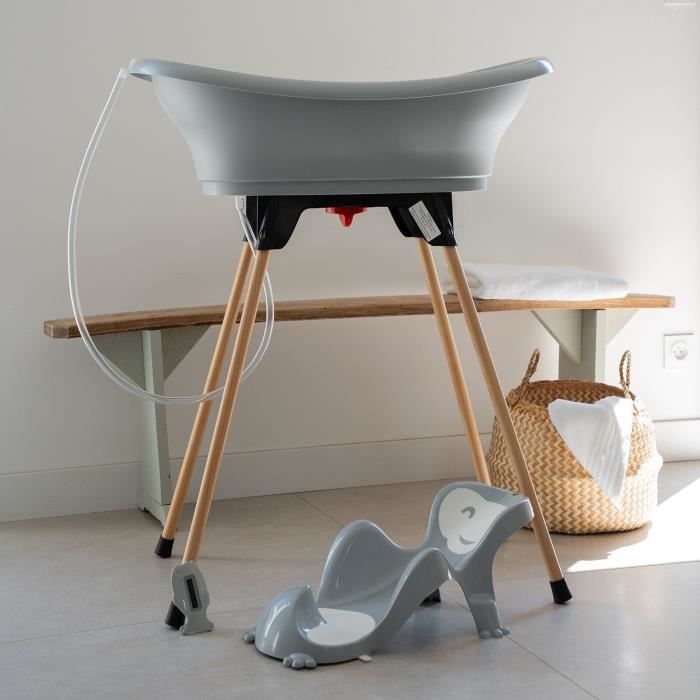 Thermobaby Pack Baignoire Bébé Vasco 5 En 1 - Baignoire Pliable Avec Pied Bois, Transat, Thermomètre Et Vidange - Fabriqué En France