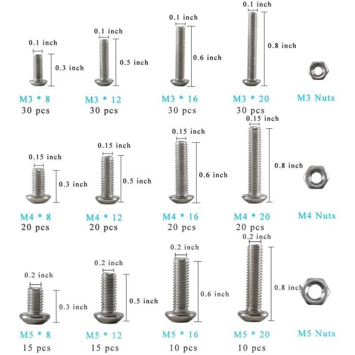 480 Pièces Ensemble D'écrous Et Boulons, M2/M3/M4 Jeu De Vis Et écrous à Tête Ronde Acier Inox, Vis Voulons Et écrous à Tête Hexagonale Allen Pour Machine Meubles