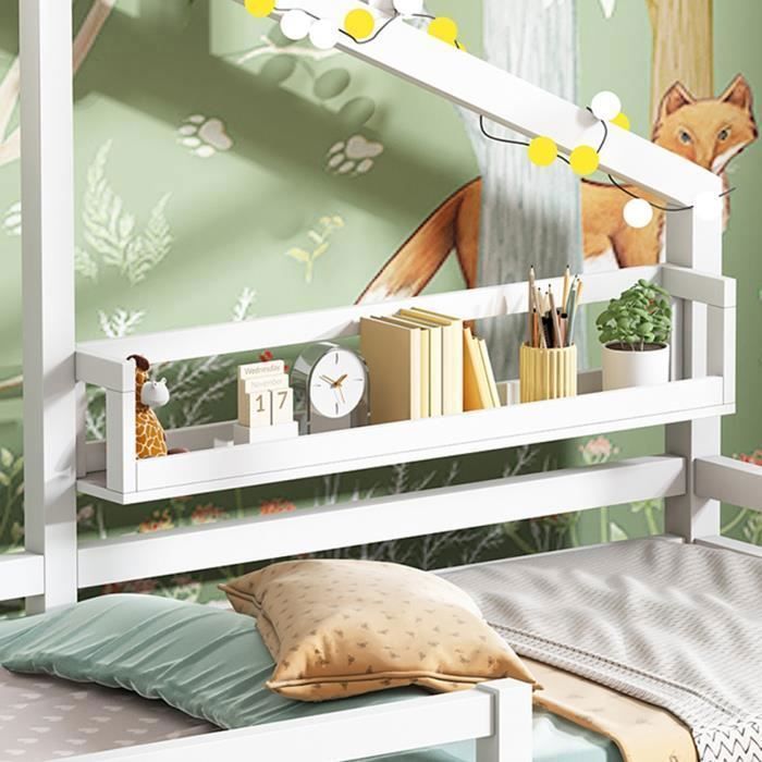 Lit cabane 90 x 200 cm avec compartiments de rangement, toit et fenêtre - Pin + contreplaqué + MDF - Blanc (Sans matelas) | Leroy Merlin