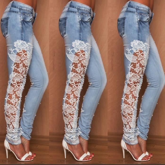 Jeans Femme Dentelle Evider Floral Appliques Skinny White