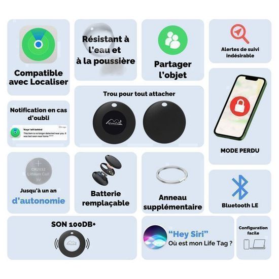 Smart Tag Android Lot De 2 - Tracker Google Find Hub (sans Abonnement) - IP67, Batterie CR2032 - Pour Clés, Valises