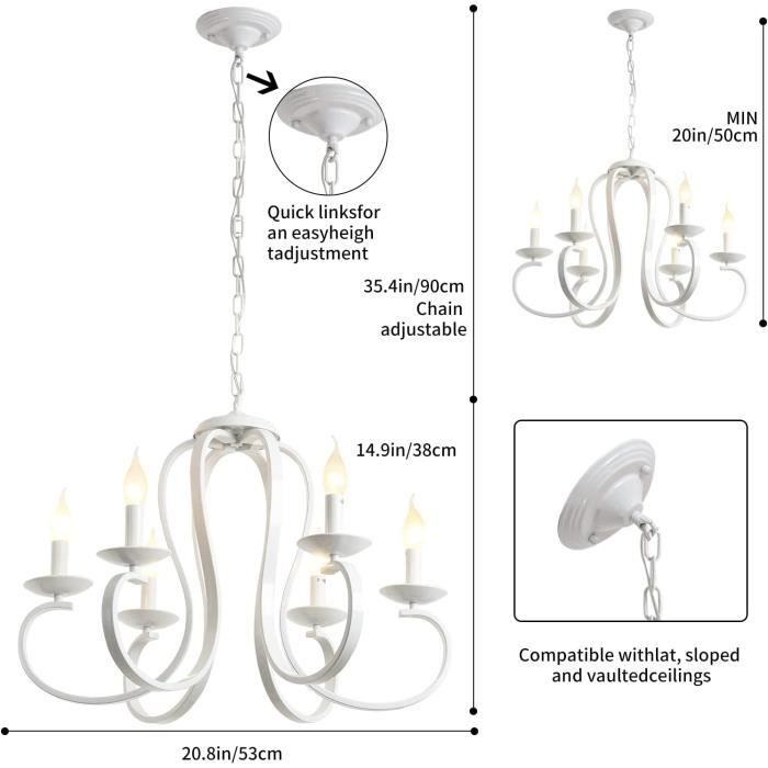Lustre Vintage Blanc 6 Lumières Ganeed - Style Campagnard Français Pour Salle à Manger Et Salon
