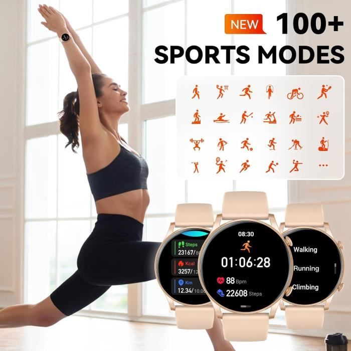 DEKELIFE Montre Connectée Femme - Appels Bluetooth, Suivi Menstruel, 100+ Sports, IP68 - Rose Élégant