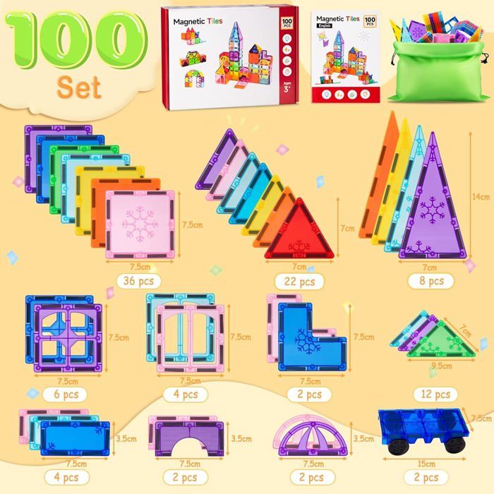 100 Pièces Blocs de Construction Magnétiques Multicolores, Jeux ...