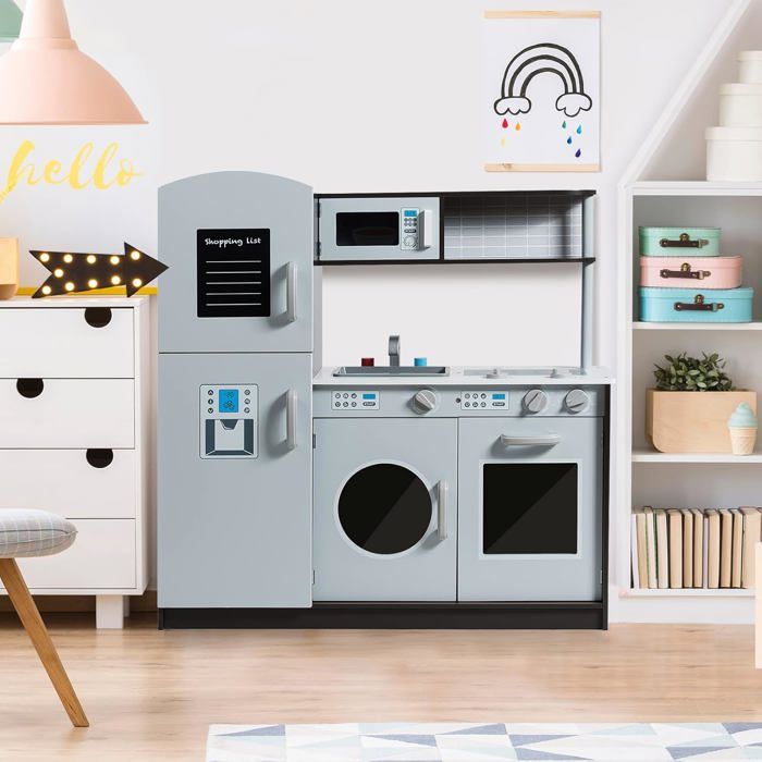 Nene Toys Cuisine Enfant en Bois – Cuisine Jouet pour Enfants avec Lumière et Son, Évier, Micro-ondes et Four, Étagères et Crochets + Accessoires – Jeu Montessori dès 3 ans – Cadeau