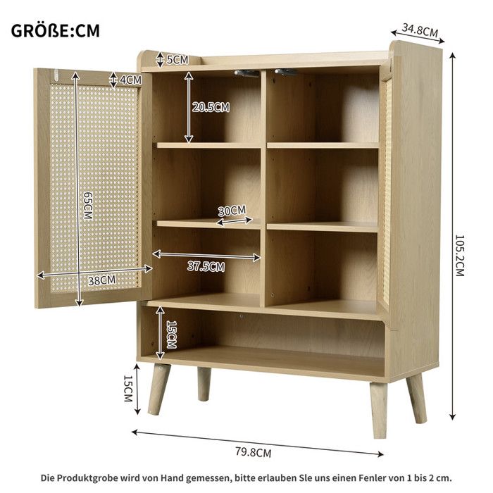 Meuble à Chaussures Bois 2 Tiroirs Rotin - Style Scandinave Élégant, 4 Compartiments + 2 Tiroirs Décoratifs, Entrée Couloir