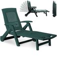 Chaise longue Zircone pliable vert plastique PVC dossier réglable 5 positions 2 roues bain de soleil jardin terrasse extérieur-0