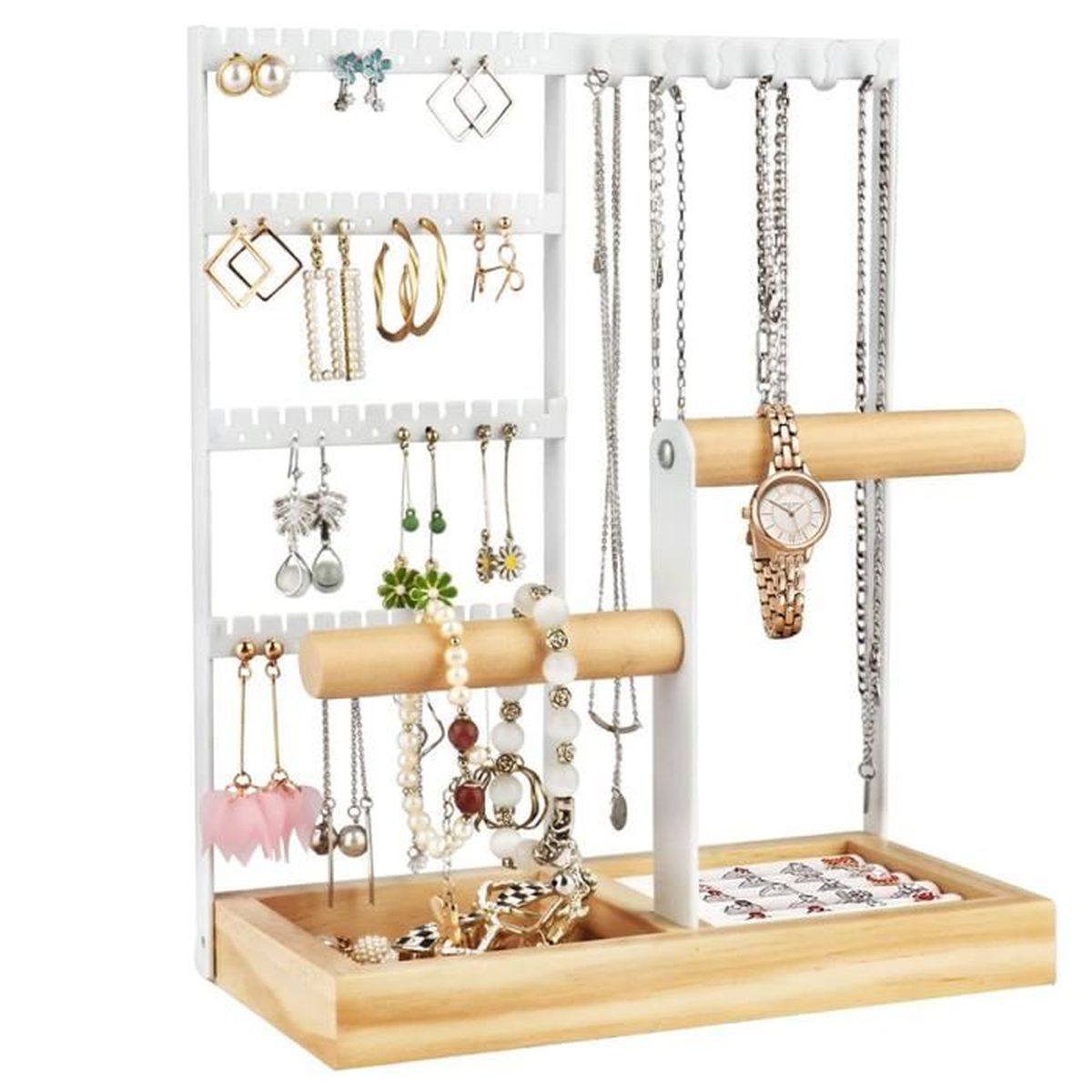 Gowkeey Présentoir à Bijoux 5 Niveaux – Bois & Métal Élégant, 38 Trous, Support Colliers, Bracelets, Boucles D’Oreilles, Bagues