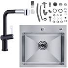 Cecipa Évier de Cuisine 1 Bac, 50 x 45 x 18,5 cm + Robinet de Cuisine Extractible, Noir + Galvanique, Avec 2 modes de sortie d'eau