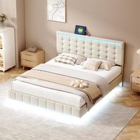 DRIPEX Lit rembourré 160 x 200 cm avec bande lumineuse LED pour adulte,cadre de lit avec pieds, Lit double en lin doux,Beige