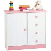 Commode enfant - IDIMEX - RONDO - Pin massif - Lasuré blanc et rose - 4 tiroirs et une porte