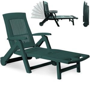 CHAISE LONGUE Chaise longue Zircone pliable vert plastique PVC dossier réglable 5 positions 2 roues bain de soleil jardin terrasse extérieur