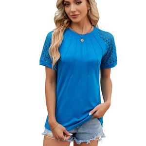 T-SHIRT T-Shirt Femme Dentelle Manches Courtes Casual Tee Shirt Lache Ete Col Rond Couleur Unie Confortable - Taille EU - Bleu