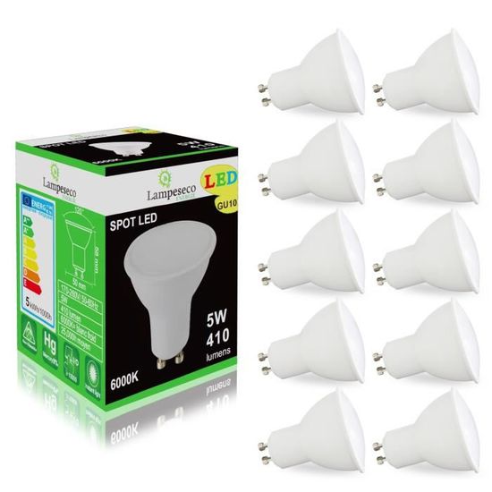 Pack de 10 Ampoules Led GU10 5W Blanc Froid 120° LAMPESECOENERGIE