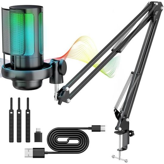 Bras Micro TONOR Avec Lumière RGB 11 Modes, Perche Gaming - Gris