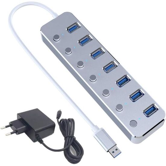 Hub USB 3.0 7 Ports Aluminium - Haute Vitesse 5 Gbps, Plug & Play