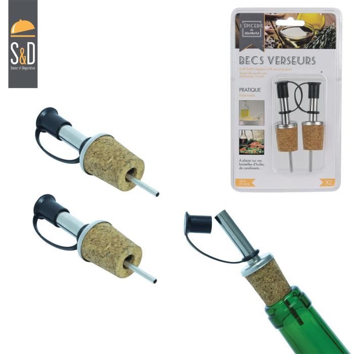 Bouchon Liège Bec Verseur INOX + Liège + PP Argent Noir 2, 40 x 9, 50 cm 2 unité