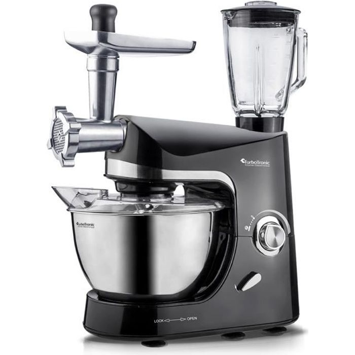 Turbotronic TT-007 Robot Pâtissier Multifonction 2000w avec Accessoires (Hachoir, Mixeur, Batteur) - bol 5L