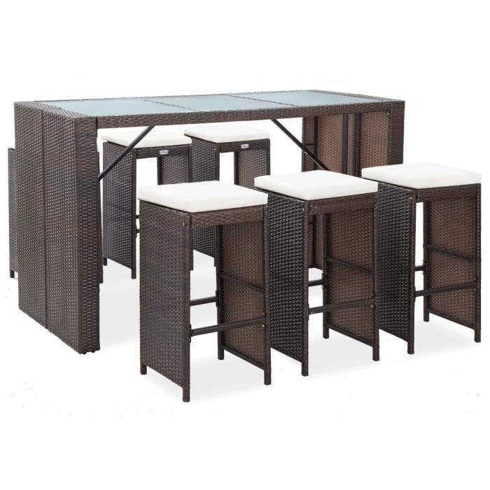 Meuble de bar de jardin 7 pcs contemporain Ensemble de bar Mange-Debout Table Haute - et coussins Résine tressée Marron