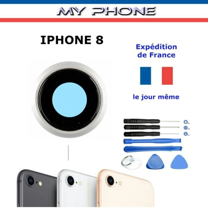 MY PHONE : Vitre Cache Camera IPHONE 8 - ARGENT - SILVER Lentille Photo Arrière + Kit 8 outils