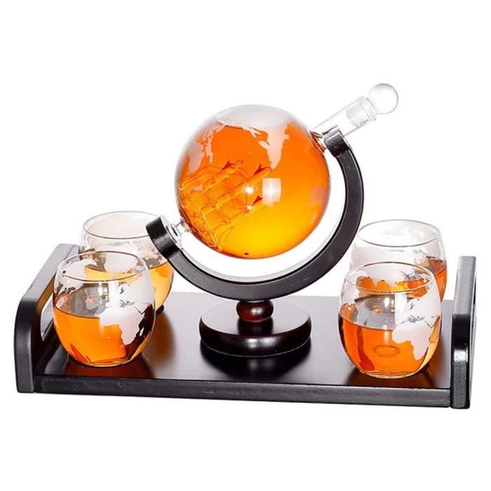 Ensemble de carafe à whisky, carafe globe gravée du monde 1000 ml avec 4 verres de carte beau cadeau de support pour papa