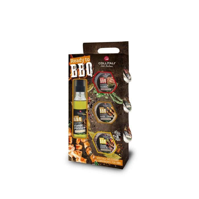 COLLITALI READY BBQ : spray huile olive 100 ml, épices Toscana 160 g, sel Chypre / romarin 102 g, épices Méditerranée 175 g