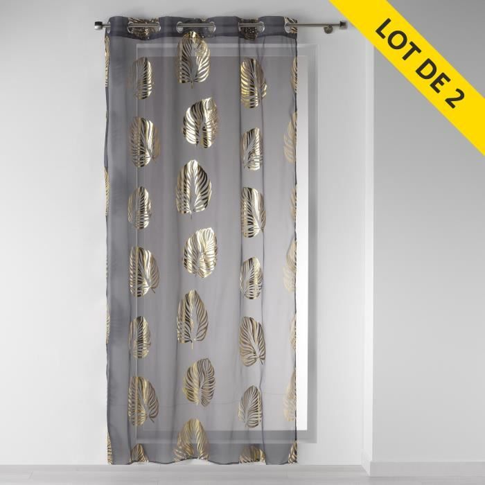 Lot de 2 voilages à oeillets 140x240 voile imp. transfert palmette Anthracite/Or