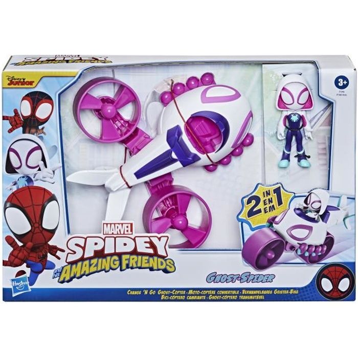 Marvel Spidey and His Amazing Friends - Figurine Ghost -Spider de 10 cm avec Moto -coptère convertible - enfants dès 3 ans