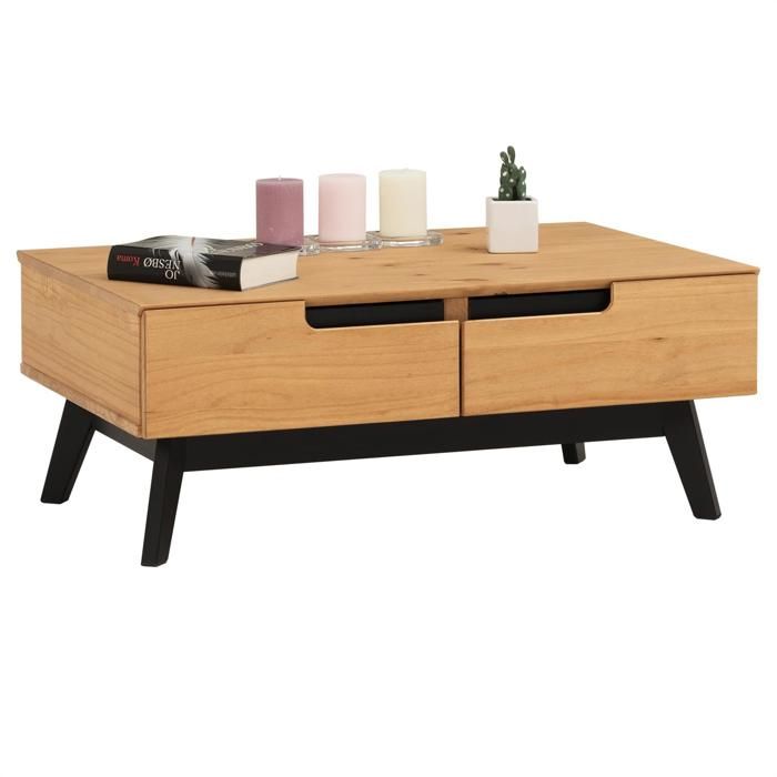 Table basse TIBOR design vintage scandinave nordique table de salon rectangulaire 2 tiroirs 2 niches pin massif finition bois teinté