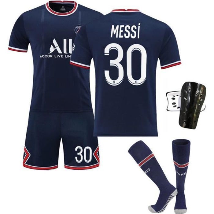 Maillot de Football Une Collection de Paris-Messi 30 Maillot Domicile Bleu Tenue + Chaussette + Support Protection pour Enfant
