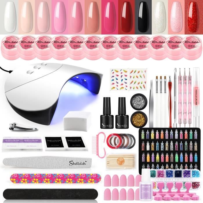 Shelloloh Kit Complet Manucure Vernis UV Gel Semi Permanent Coloré 12pc 36W UV/LED Lampe Base Coat Top Coat Accessoires Nail Outilsi