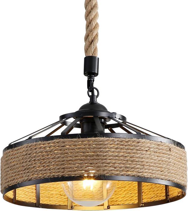 Suspension Lustre Industrielle Vintage E27 Luminaire Plafonnier en Métal Corde de Chanvre Lampe de Plafond Retro 40CM