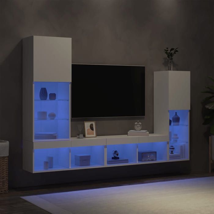 vidaXL Unités murales TV avec LED 4 pcs blanc bois dingénierie 3216654