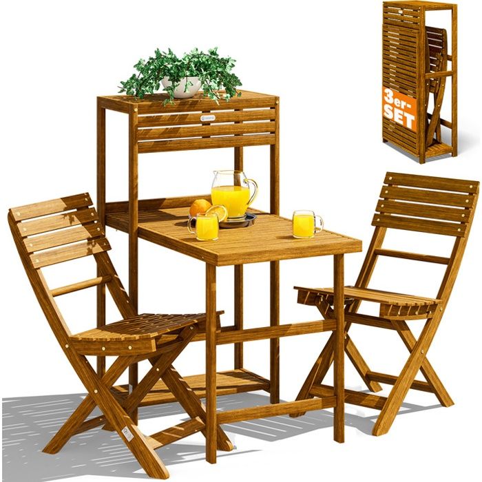 CASARIA Set de balcon 2 personnes 3pcs en bois dacacia FSC 94x61x117cm 1 table 2 chaises unité de rangement extérieur