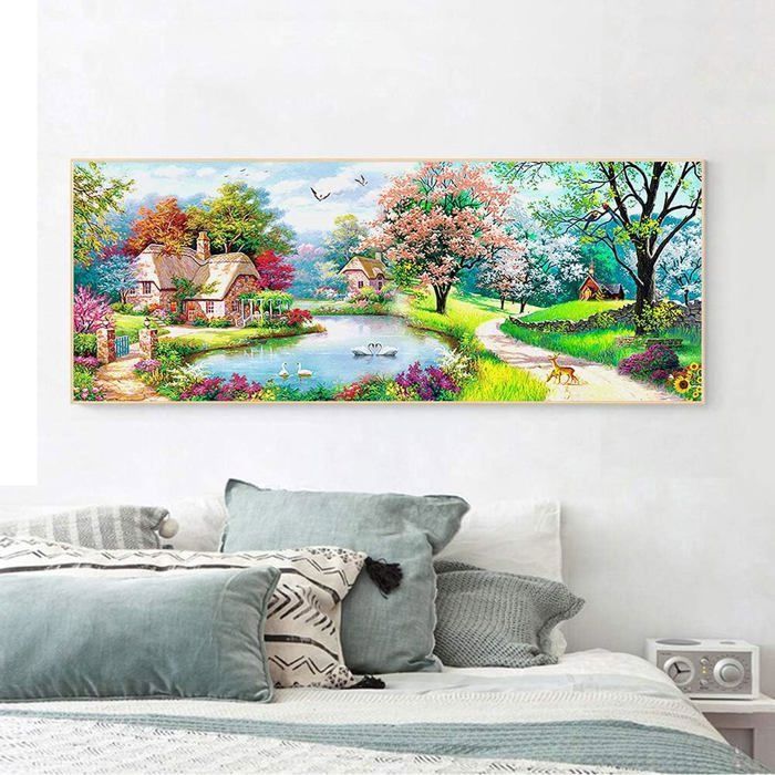 Diamond Painting 5D Grand Format 80x30 Cm – Paysage Montagnes Et Rivières, Kit Complet DIY Point De Croix