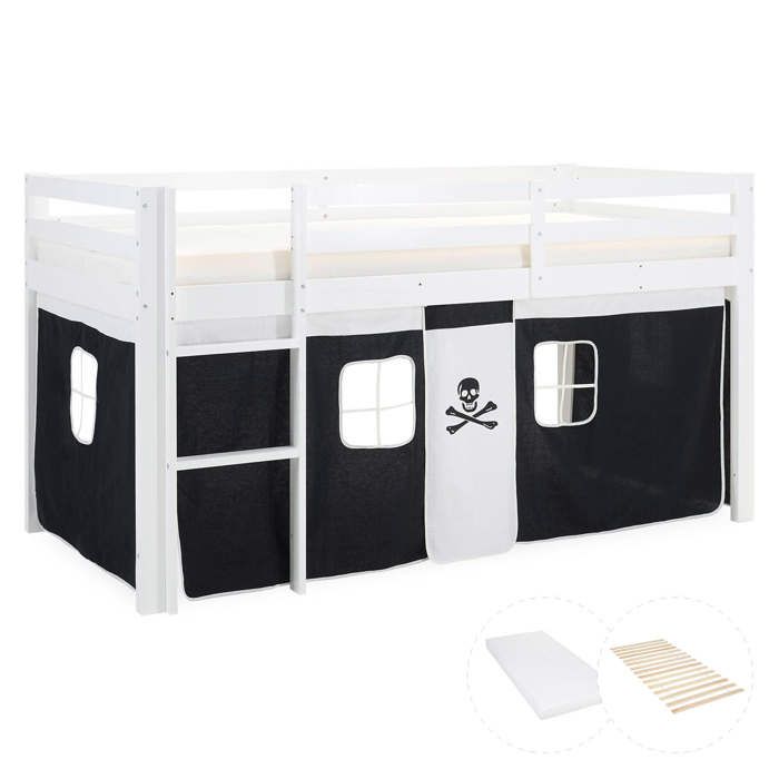 Lit mezzanine pour enfants 90 x 200 cm blanc avec rideau noir avec sommier à lattes avec matelas Lit mezzanine pour enfants 90 x 200 cm blanc avec rideau noir avec sommier à lattes avec matelas
