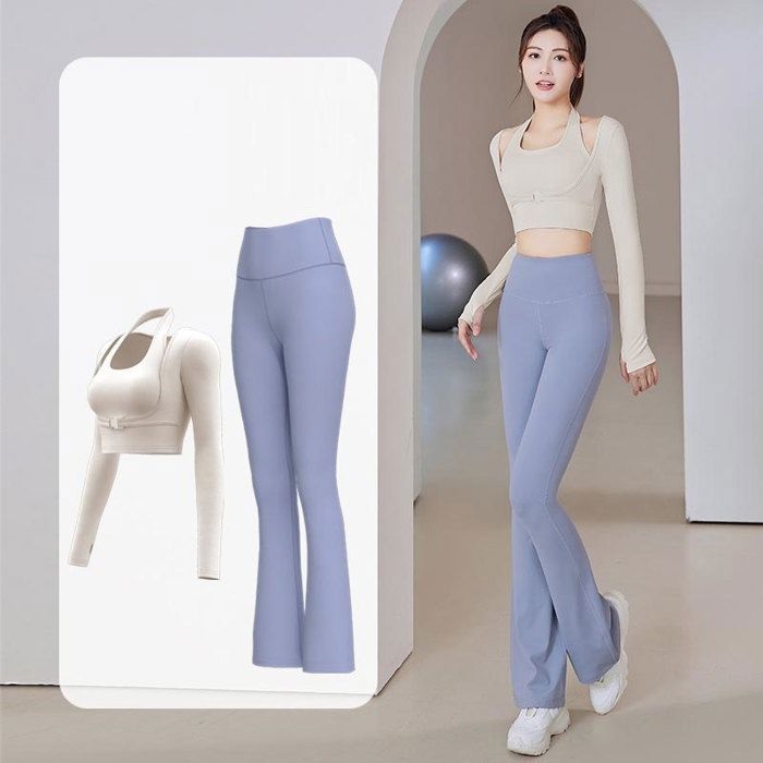 Vêtement de Sport Femme 2 Pièces Ensemble de Yoga T-shirt Halter et Legging Tenue de Sport Pour Gym Fitness - Beige Bleu