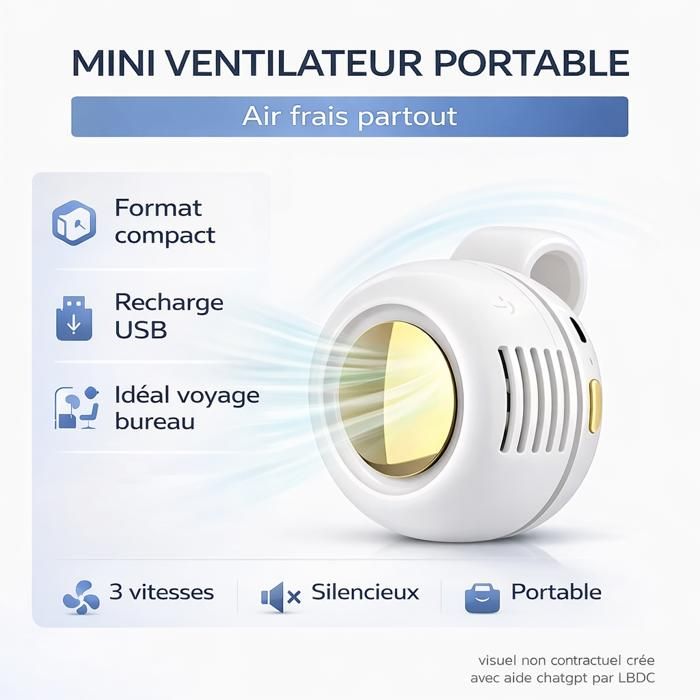 Mini ventilateur portable rechargeable – Flux d’air orientable 360° – Batterie 900 mAh – 3 vitesses – LBDC® - Lbdc