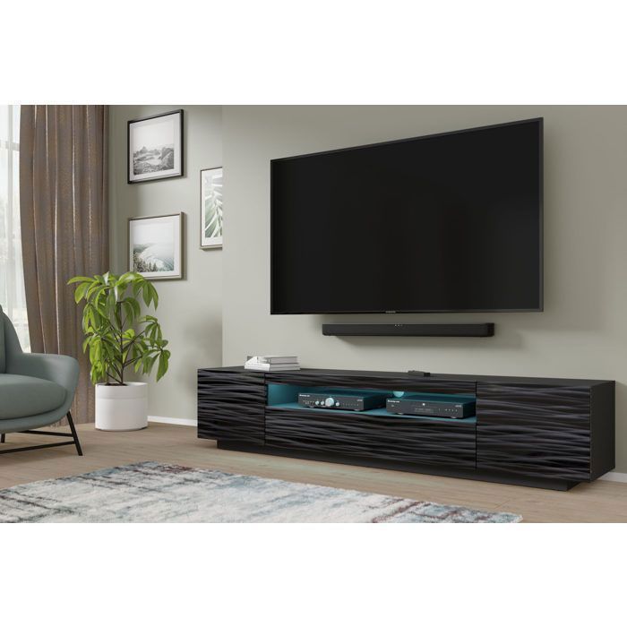 Meuble TV AURA 200 suspendu ou sur pied SAHARA noir + LED