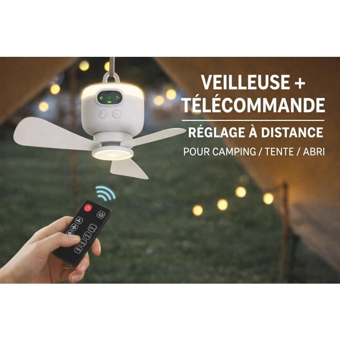 VENTILATEUR DE PLAFOND PORTABLE RECHARGEABLE USB-C AVEC TÉLÉCOMMANDE LUMIÈRE LED 3 VITESSES ET BATTERIE 8000 mAh _ LBDC® - Lbdc
