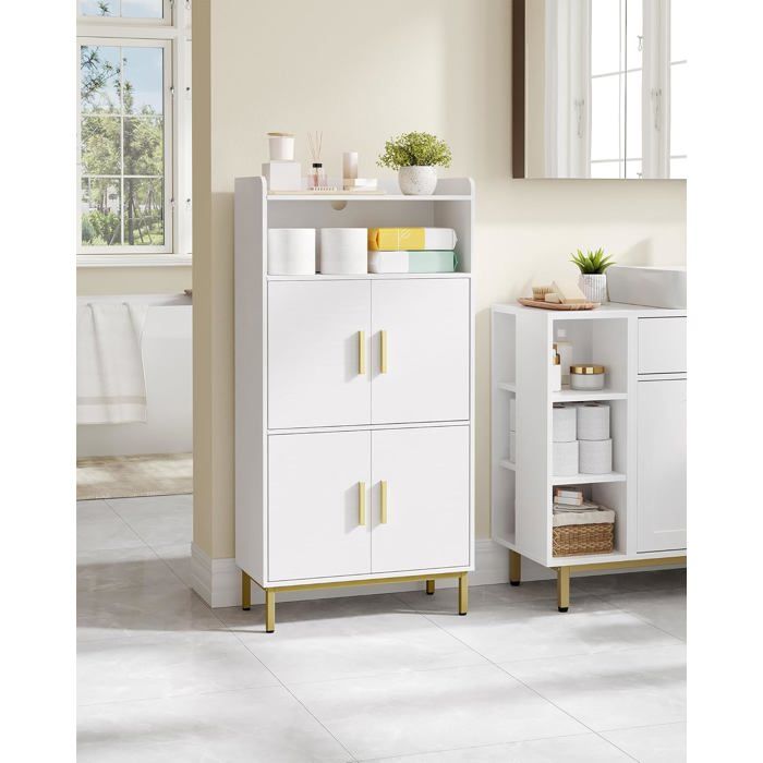 Armoire de Salle de Bain Meuble de Rangement avec 4 Portes et 1 Espace Ouvert Étagères réglables30 x 60 x 120 cm Blanc