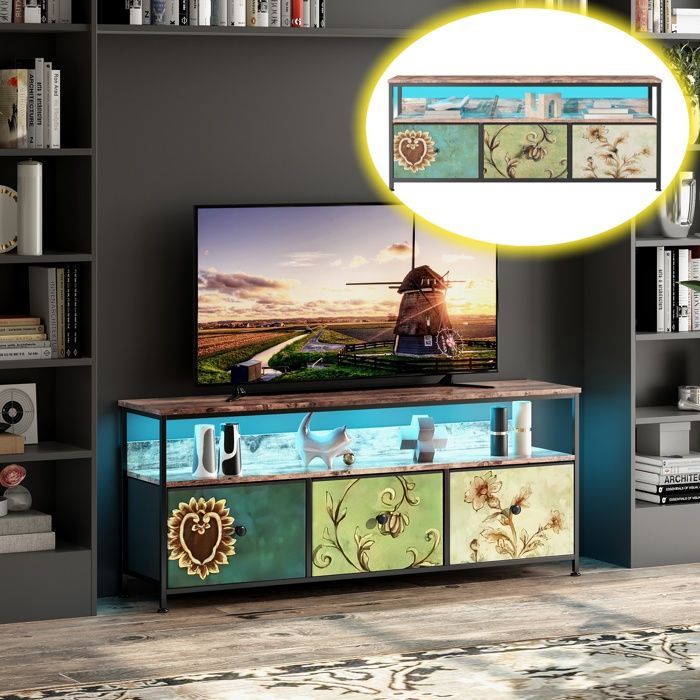Meuble TV avec Lumières LED 3 Tiroirs Chiffonnier Meuble de Rangement Meuble Télé de Salon 137 x 30 x 57 cm Multicolore