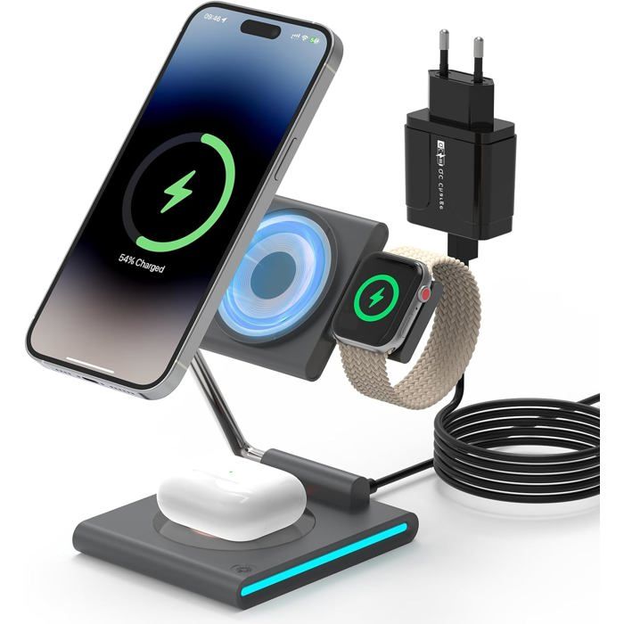Nouveau design pliable 3 en 1 chargeur sans fil pour téléphones portables, écout