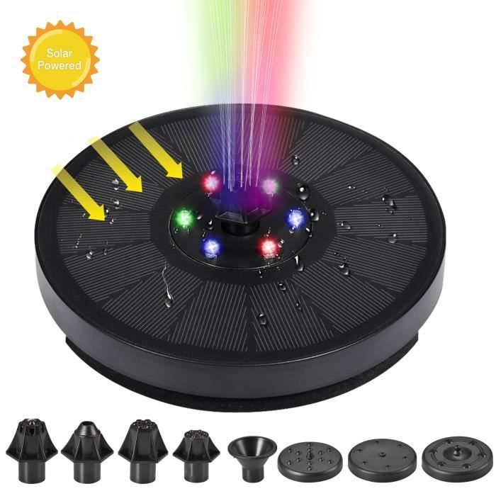 Fontaine Solaire LED 6 Lumières Colorées – Pompe 1,5 W Avec Batterie, Idéale Bassin, Jardin, Aquarium