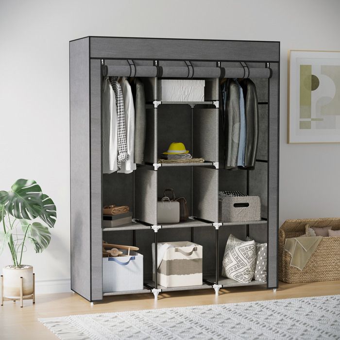 Armoire Dressing Compacte Grise 8 Étagères 2 Tringles Rangement Polyester