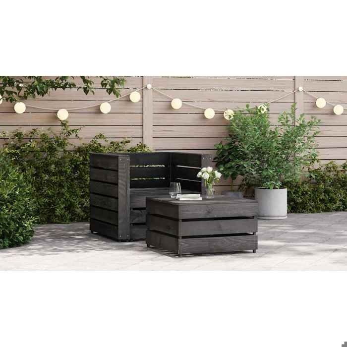 NEW 2025 Salon bas de jardin - GKK palette - Ensemble de 2 - Bois de pin imprégné de gris GGK574